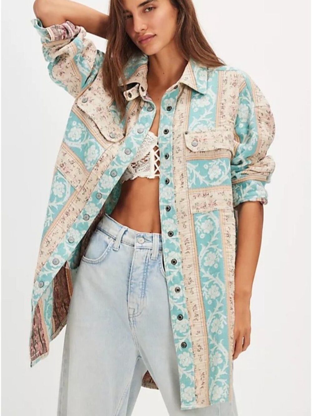 Free People Wonderland Fog Jacquard Shirt Boho Chic Layering Festival Womens M